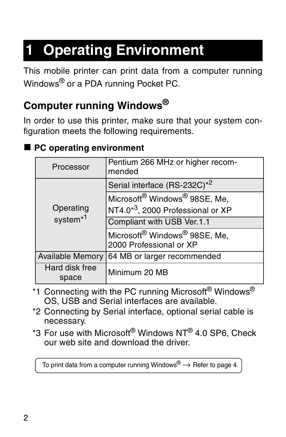 1 operating environment, Computer running windows | Brother MW-120 User Manual | Page 4 / 75