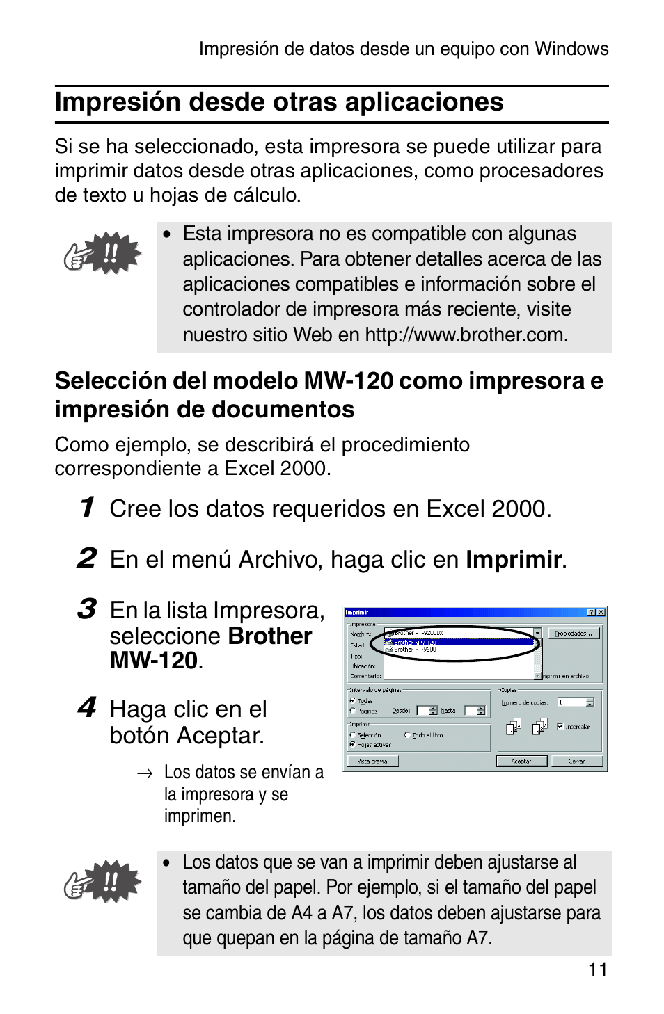 Impresión desde otras aplicaciones | Brother MW-120 User Manual | Page 50 / 75