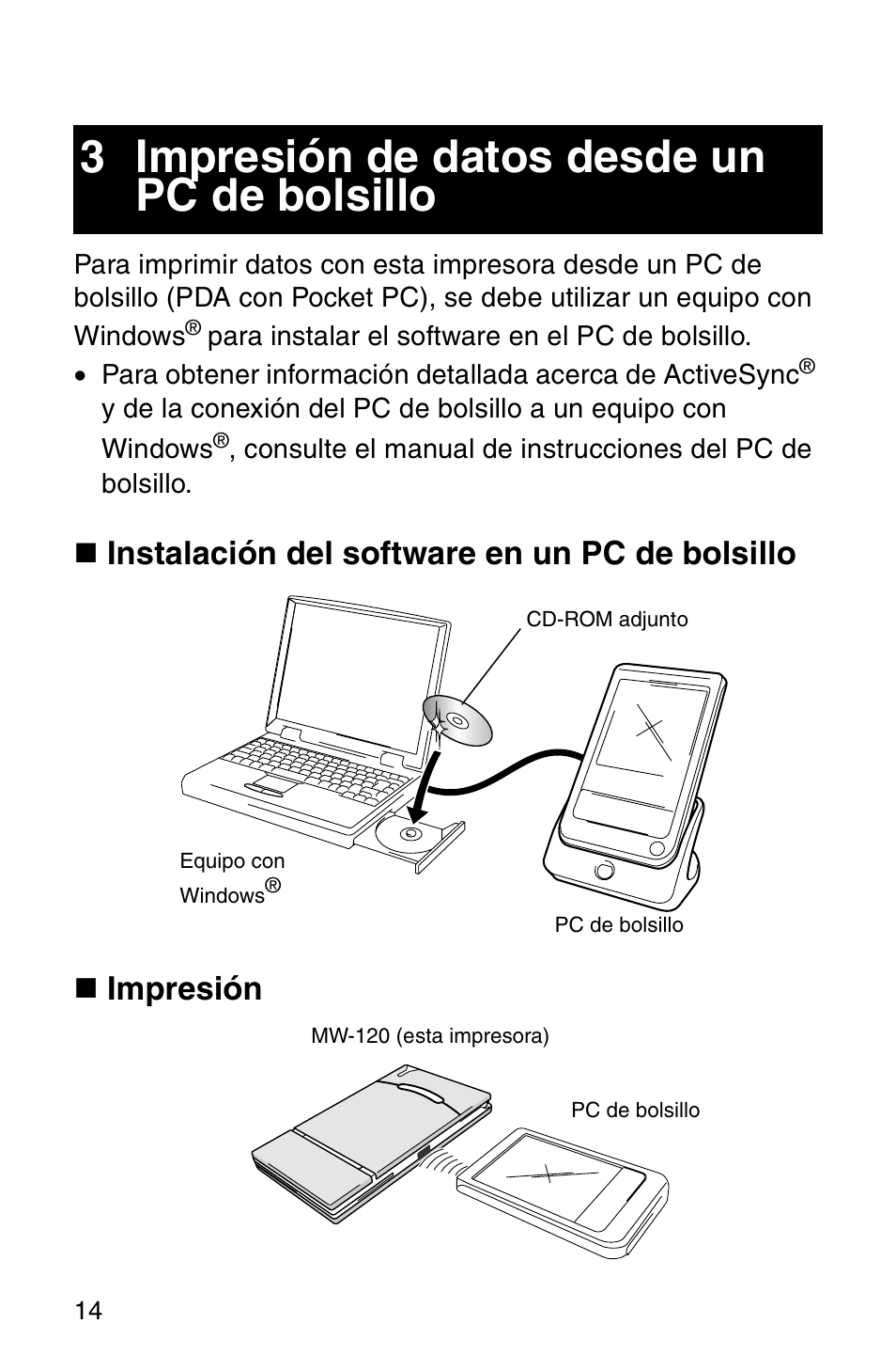 3 impresión de datos desde un pc de bolsillo, 3 impresión de datos desde un pc de, Bolsillo | Brother MW-120 User Manual | Page 53 / 75