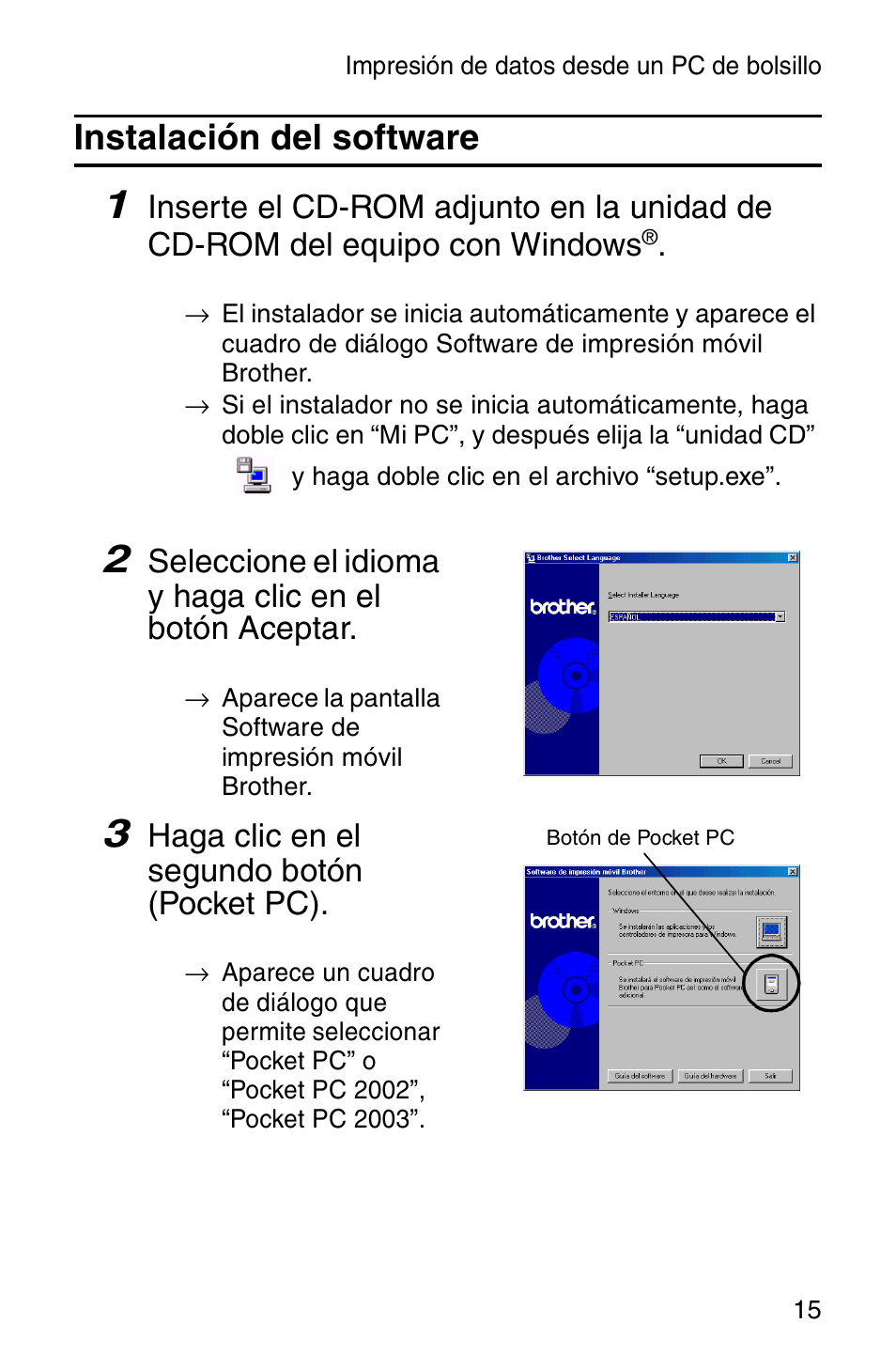 Instalación del software | Brother MW-120 User Manual | Page 54 / 75