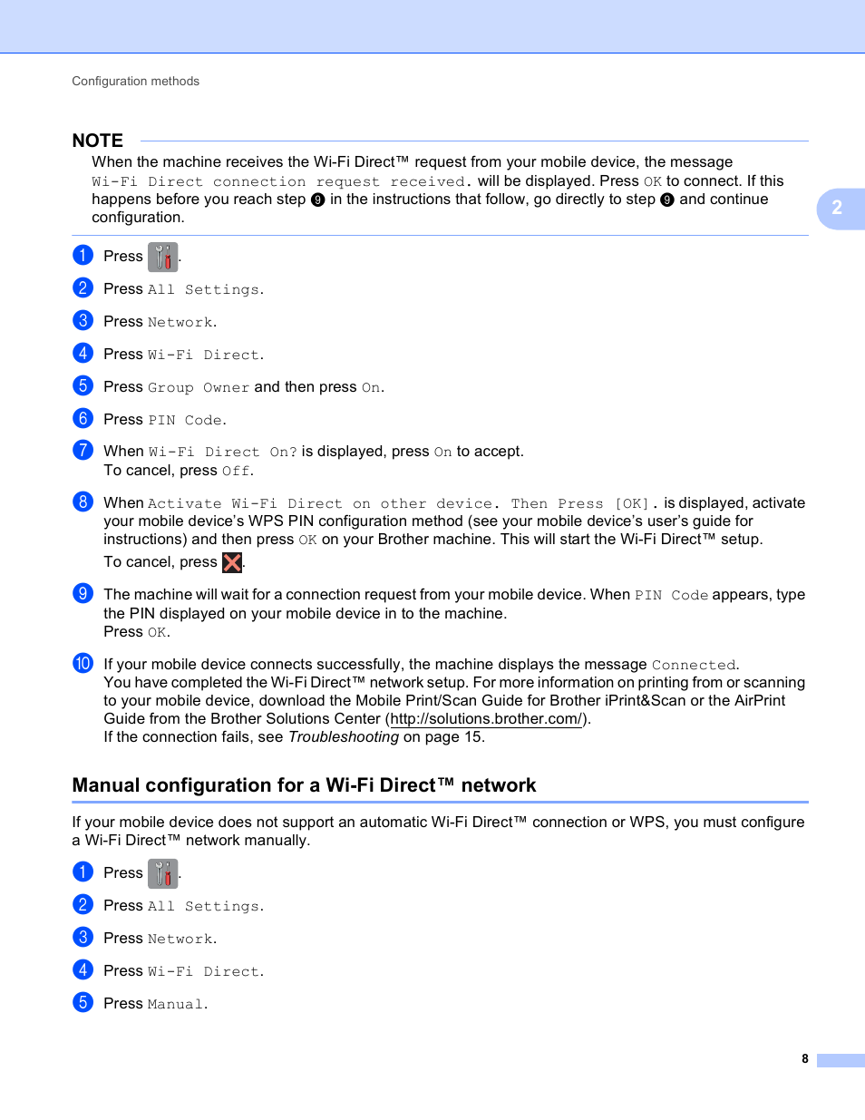 Manual configuration for a wi-fi direct™ network | Brother MFC-J6520DW User Manual | Page 11 / 23