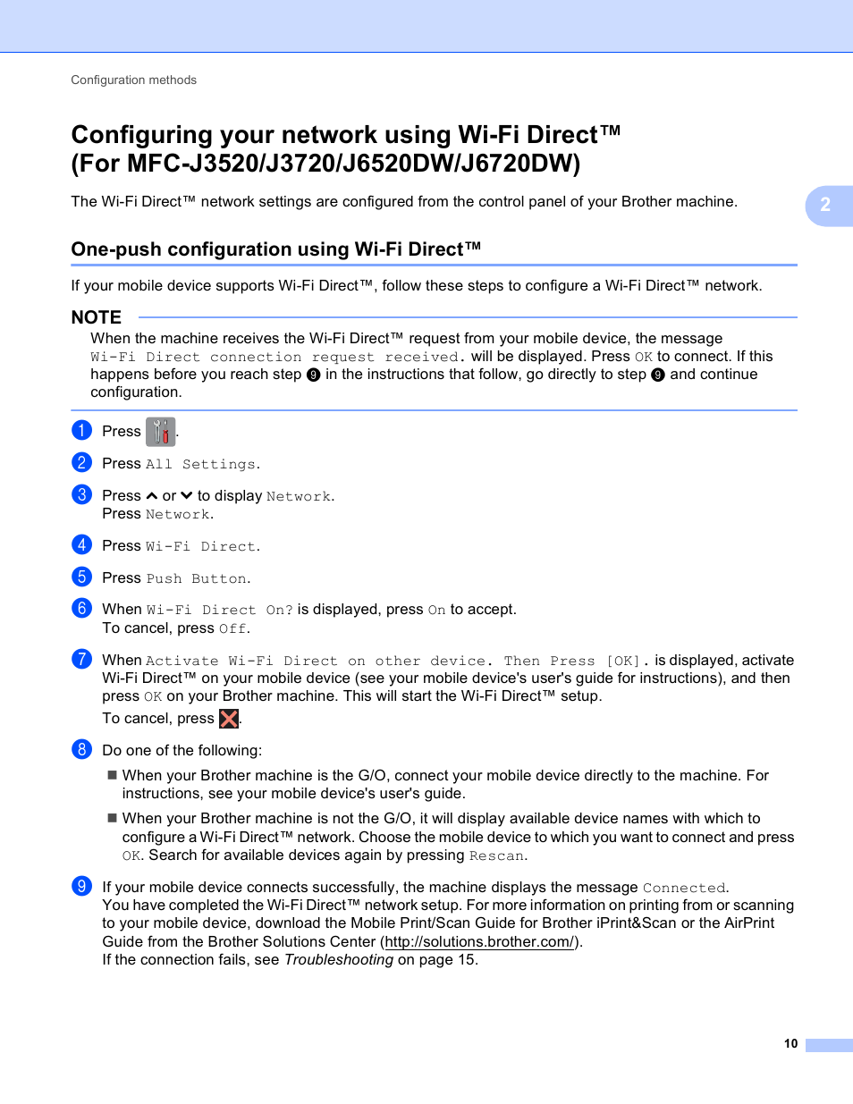 One-push configuration using wi-fi direct, Configuring your network using wi-fi direct, For mfc-j3520/j3720/j6520dw/j6720dw) | Brother MFC-J6520DW User Manual | Page 13 / 23
