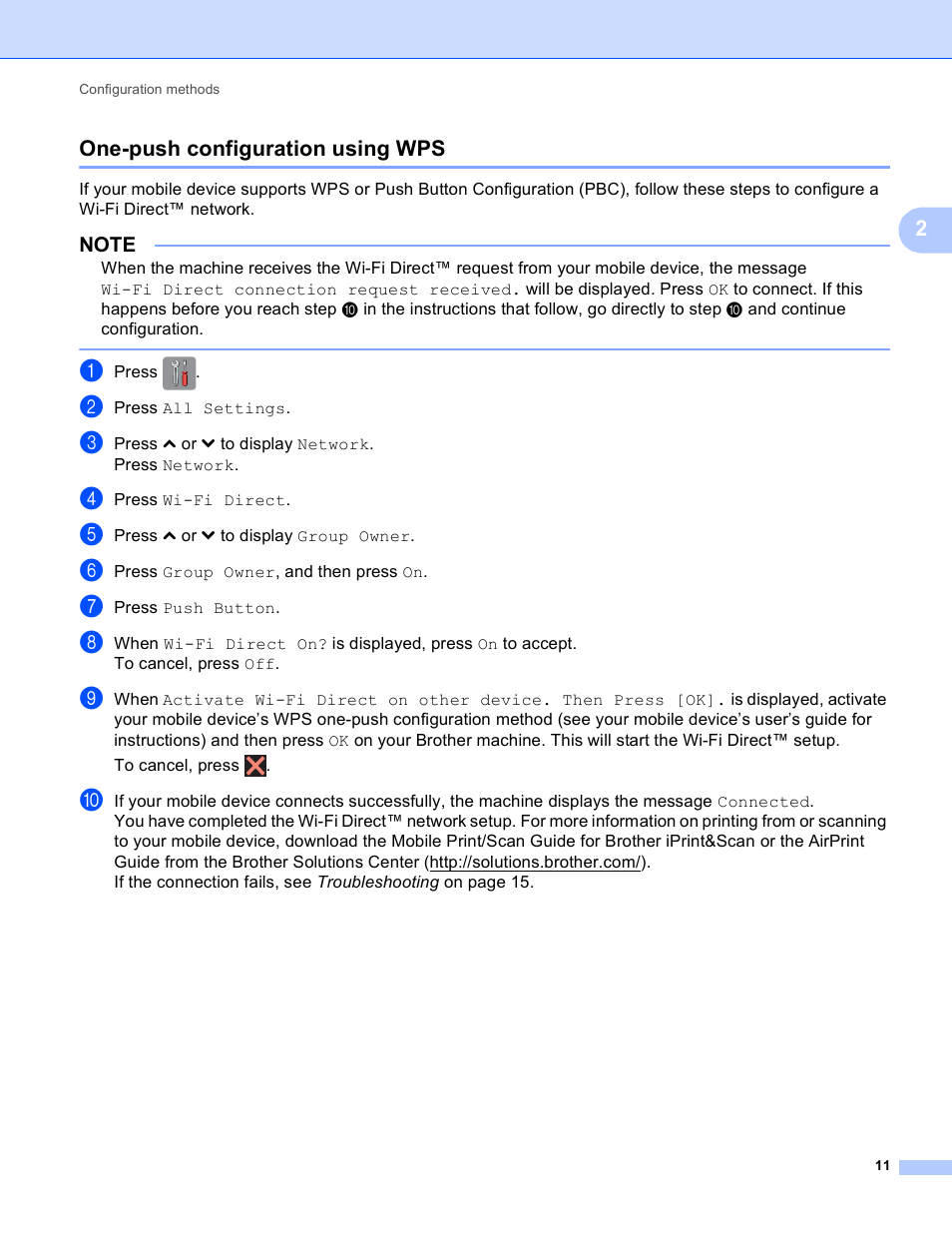 One-push configuration using wps | Brother MFC-J6520DW User Manual | Page 14 / 23
