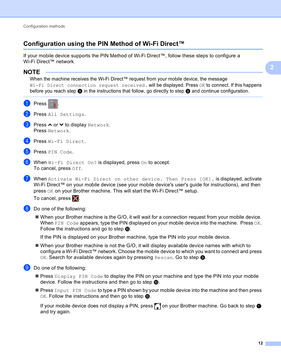 Configuration using the pin method of wi-fi direct | Brother MFC-J6520DW User Manual | Page 15 / 23