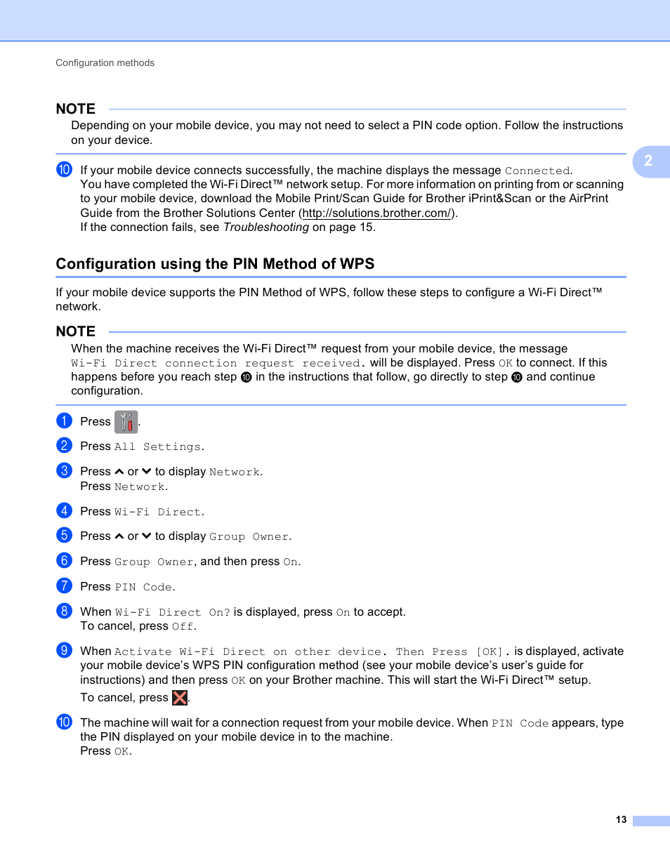 Configuration using the pin method of wps | Brother MFC-J6520DW User Manual | Page 16 / 23