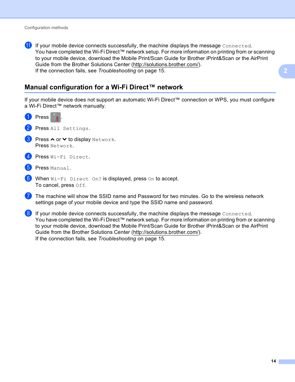 Manual configuration for a wi-fi direct™ network | Brother MFC-J6520DW User Manual | Page 17 / 23