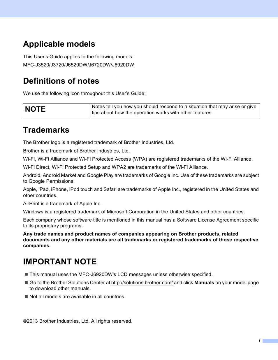 Applicable models, Definitions of notes, Trademarks | Important note | Brother MFC-J6520DW User Manual | Page 2 / 23