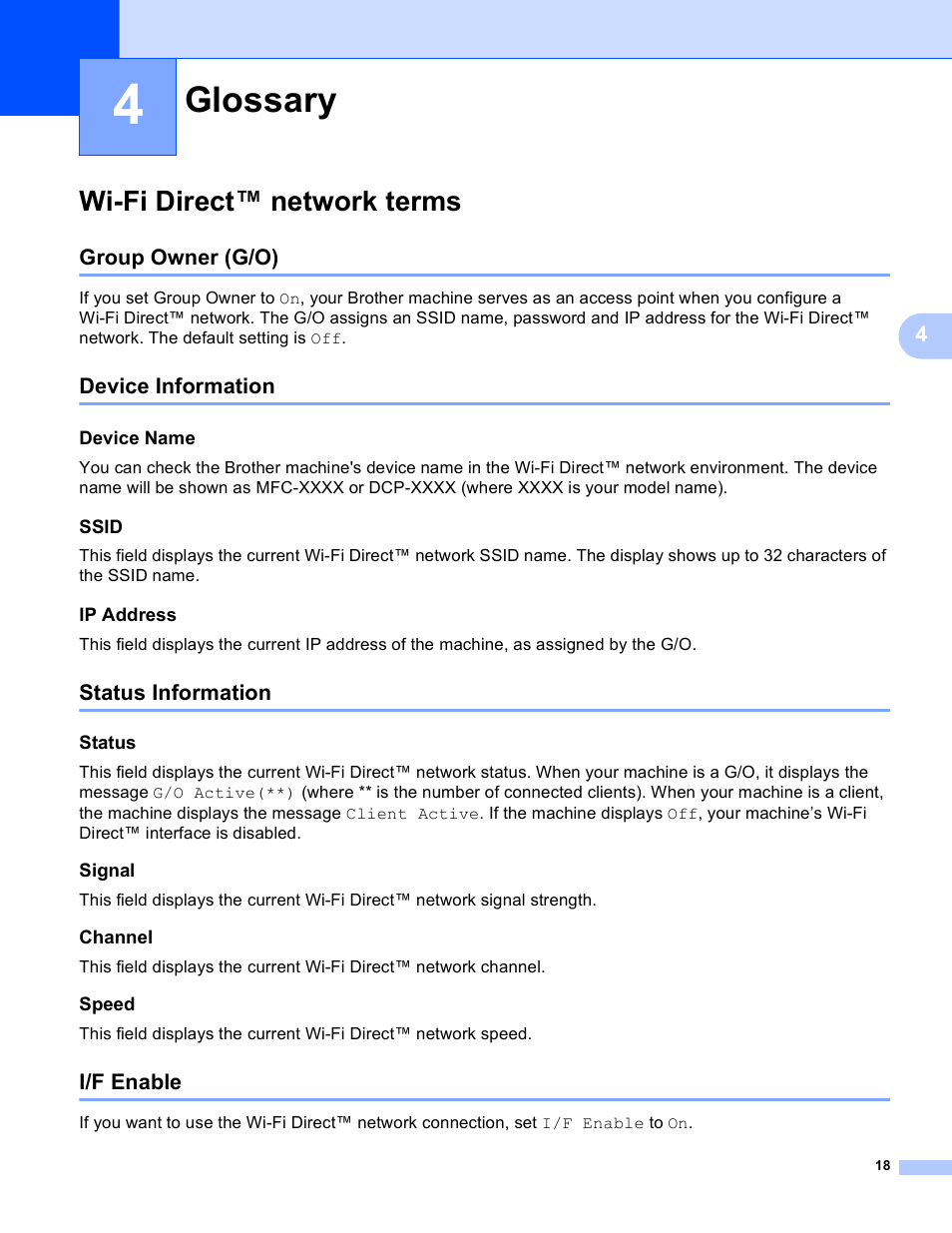 4 glossary, Wi-fi direct™ network terms, Group owner (g/o) | Device information, Device name, Ssid, Ip address, Status information, Status, Signal | Brother MFC-J6520DW User Manual | Page 21 / 23