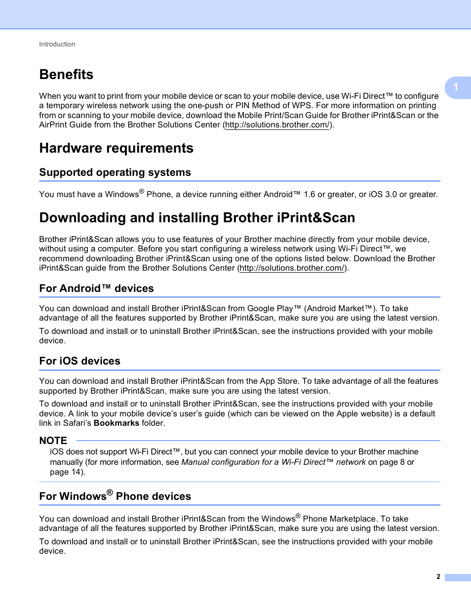 Benefits, Hardware requirements, Supported operating systems | Downloading and installing brother iprint&scan, For android™ devices, For ios devices, For windows® phone devices, Benefits hardware requirements, For android™ devices for ios devices for windows, Phone devices | Brother MFC-J6520DW User Manual | Page 5 / 23