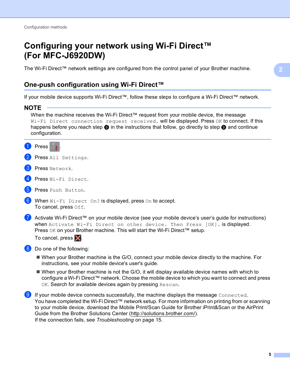 One-push configuration using wi-fi direct, Configuring your network using wi-fi direct, For mfc-j6920dw) | Brother MFC-J6520DW User Manual | Page 8 / 23