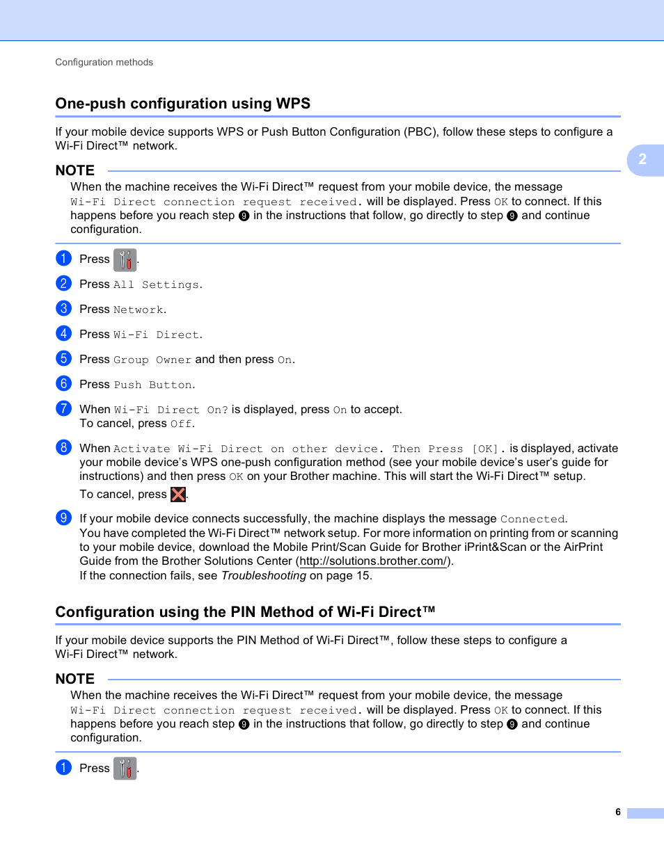 One-push configuration using wps, Configuration using the pin method of wi-fi direct, 2one-push configuration using wps | Brother MFC-J6520DW User Manual | Page 9 / 23