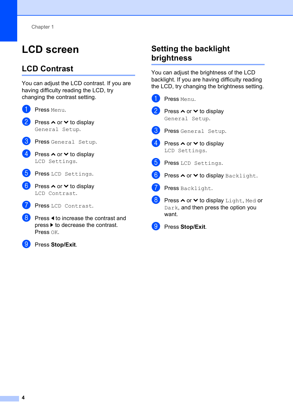 Lcd screen, Lcd contrast, Setting the backlight brightness | Lcd contrast setting the backlight brightness | Brother MFC-J625DW User Manual | Page 10 / 79