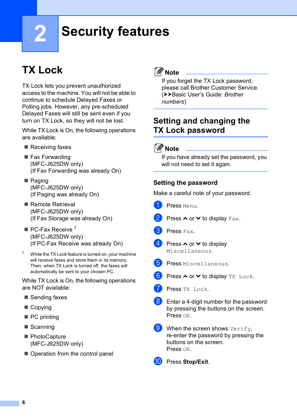 2 security features, Tx lock, Setting and changing the tx lock password | Setting the password, Security features | Brother MFC-J625DW User Manual | Page 12 / 79