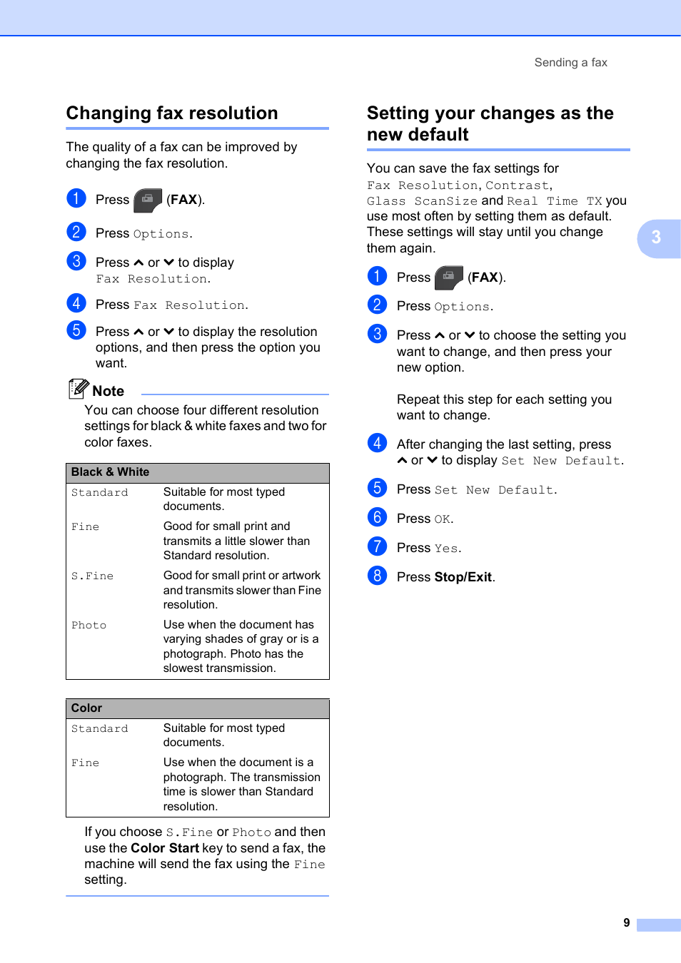 Changing fax resolution, Setting your changes as the new default, 3changing fax resolution | Brother MFC-J625DW User Manual | Page 15 / 79