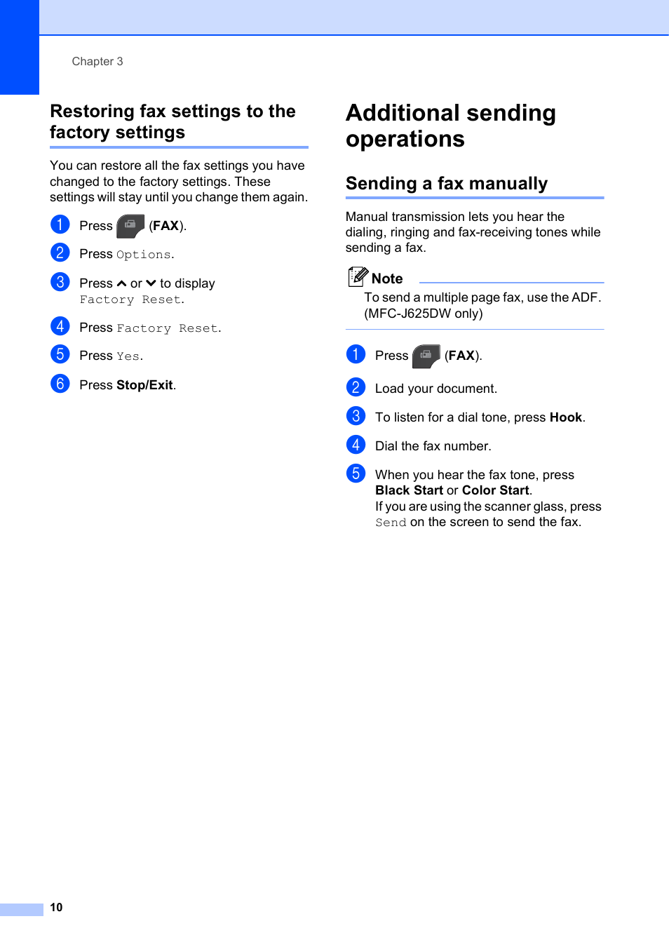 Restoring fax settings to the factory settings, Additional sending operations, Sending a fax manually | Brother MFC-J625DW User Manual | Page 16 / 79