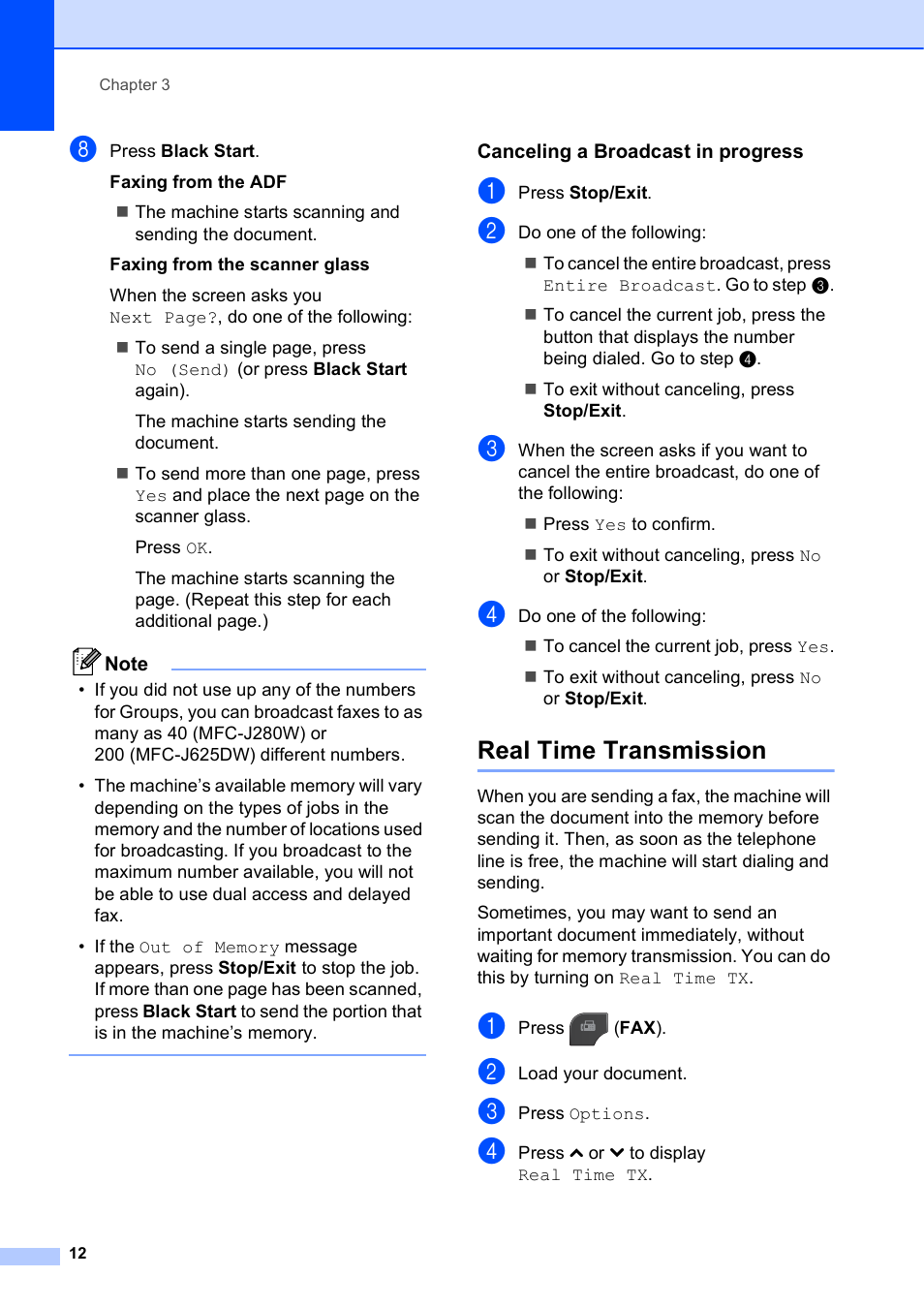 Canceling a broadcast in progress, Real time transmission | Brother MFC-J625DW User Manual | Page 18 / 79