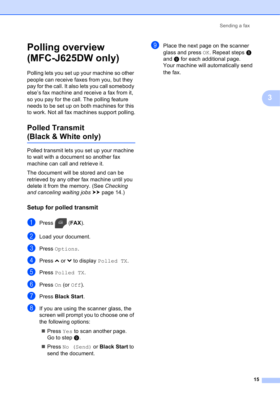 Polling overview (mfc-j625dw only), Polled transmit (black & white only), Setup for polled transmit | Brother MFC-J625DW User Manual | Page 21 / 79