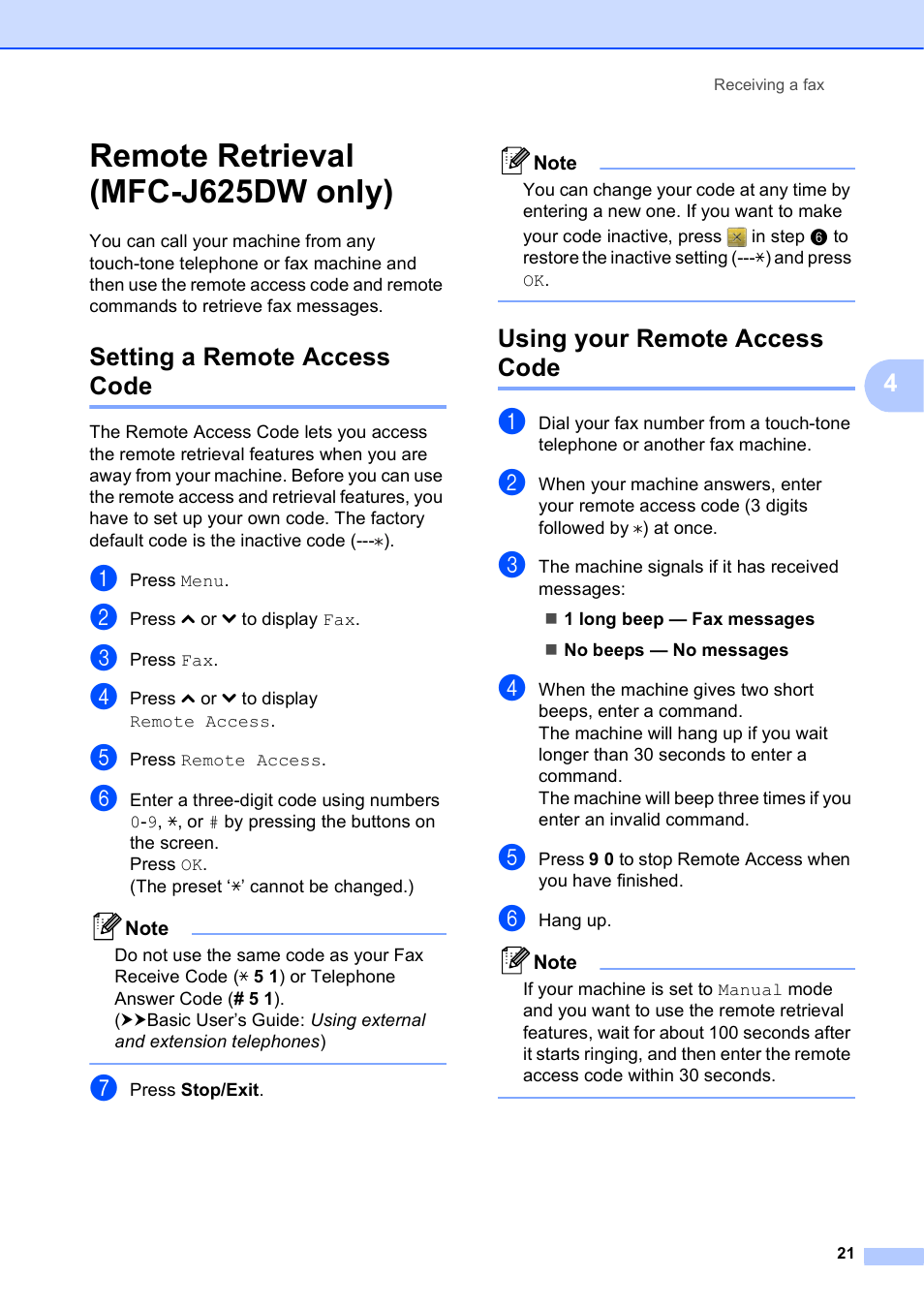 Remote retrieval (mfc-j625dw only), Setting a remote access code, Using your remote access code | Brother MFC-J625DW User Manual | Page 27 / 79