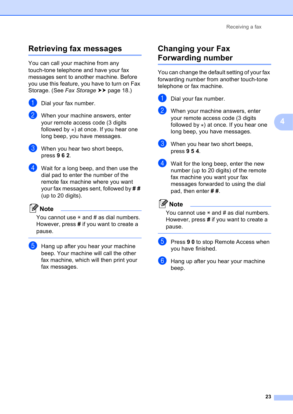 Retrieving fax messages, Changing your fax forwarding number, 4retrieving fax messages | Brother MFC-J625DW User Manual | Page 29 / 79