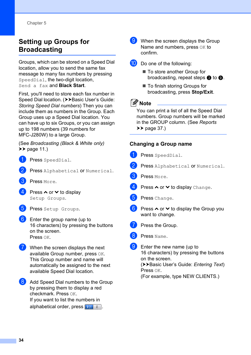 Setting up groups for broadcasting, Changing a group name | Brother MFC-J625DW User Manual | Page 40 / 79