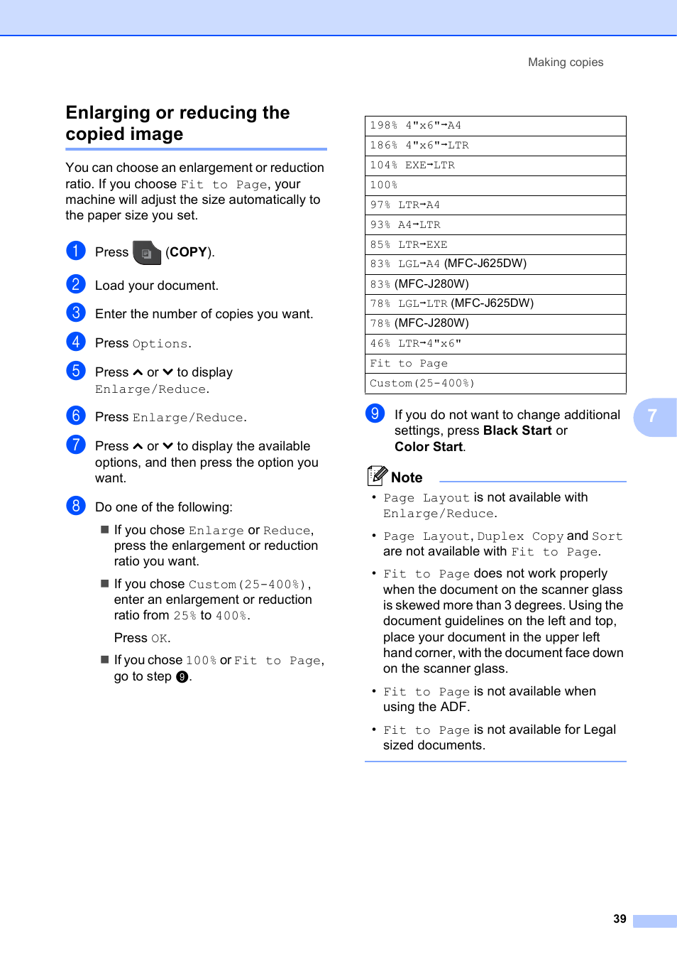 Enlarging or reducing the copied image, 7enlarging or reducing the copied image | Brother MFC-J625DW User Manual | Page 45 / 79