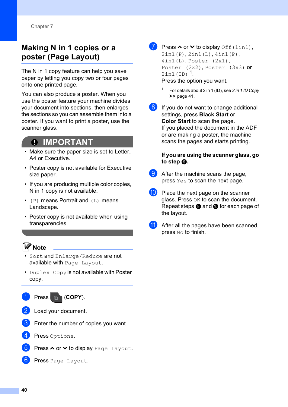 Important, Making n in 1 copies or a poster (page layout) | Brother MFC-J625DW User Manual | Page 46 / 79