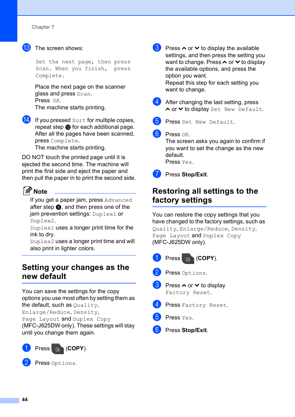 Setting your changes as the new default, Restoring all settings to the factory settings | Brother MFC-J625DW User Manual | Page 50 / 79