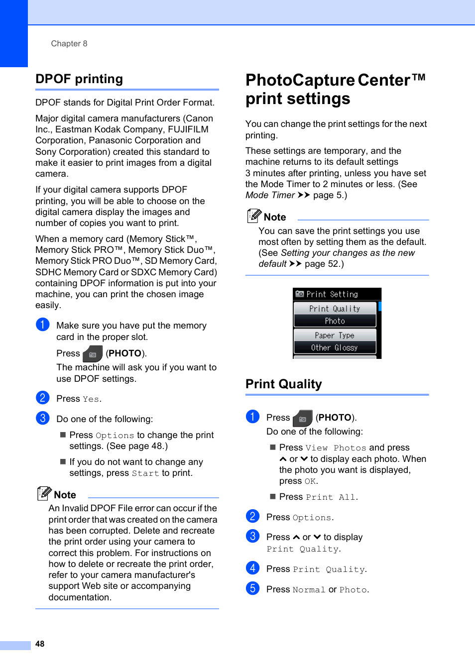 Dpof printing, Photocapture center™ print settings, Print quality | Brother MFC-J625DW User Manual | Page 54 / 79