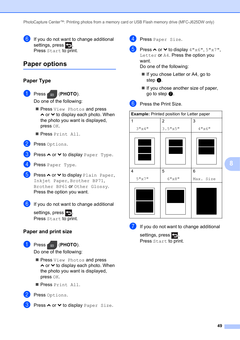 Paper options, Paper type, Paper and print size | Brother MFC-J625DW User Manual | Page 55 / 79