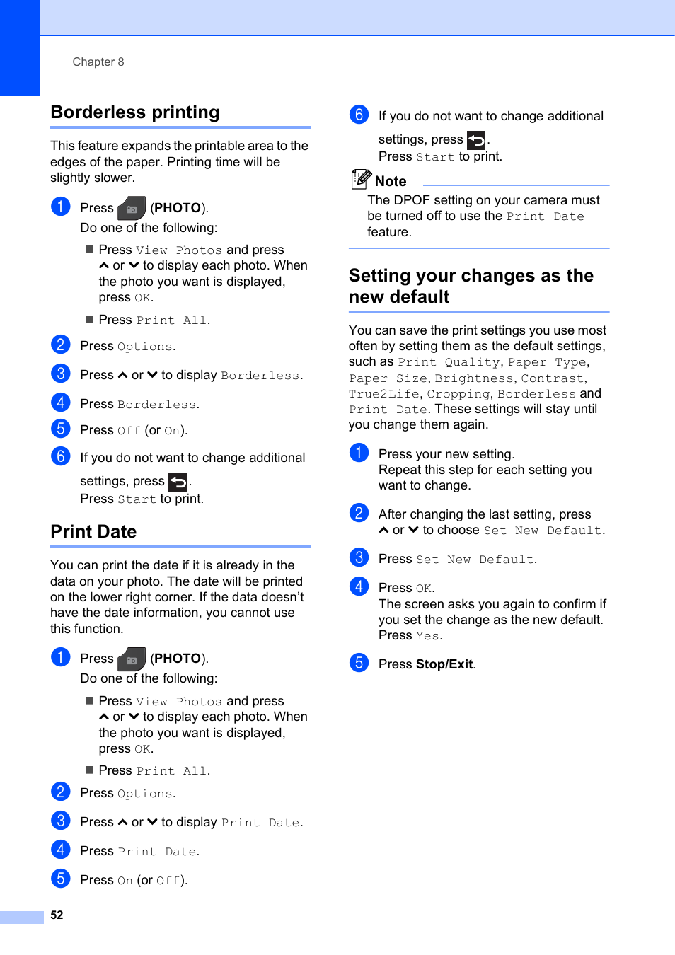 Borderless printing, Print date, Setting your changes as the new default | Brother MFC-J625DW User Manual | Page 58 / 79