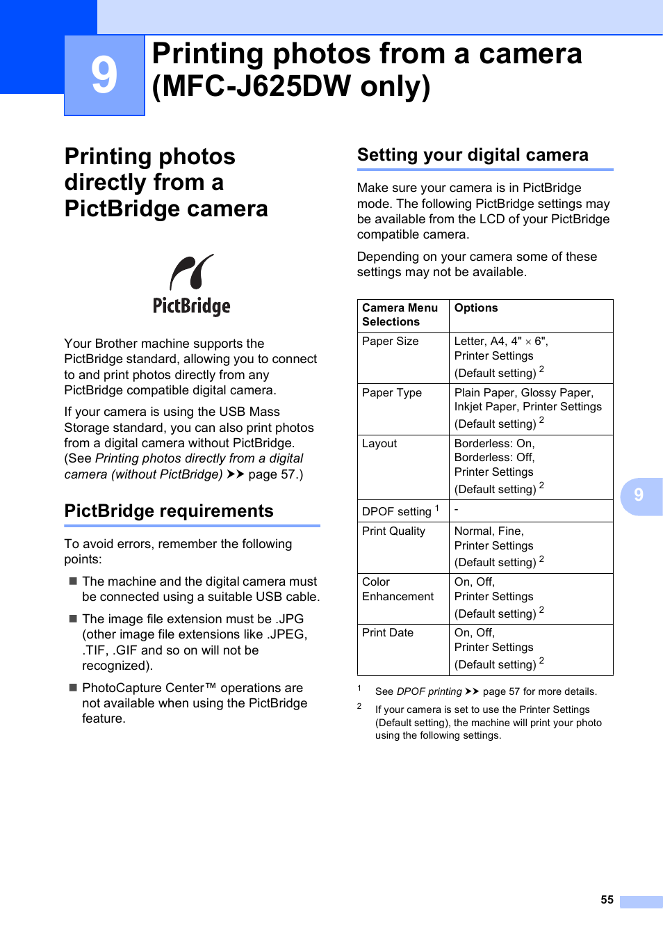 9 printing photos from a camera (mfc-j625dw only), Printing photos directly from a pictbridge camera, Pictbridge requirements | Setting your digital camera, Printing photos from a camera (mfc-j625dw only) | Brother MFC-J625DW User Manual | Page 61 / 79