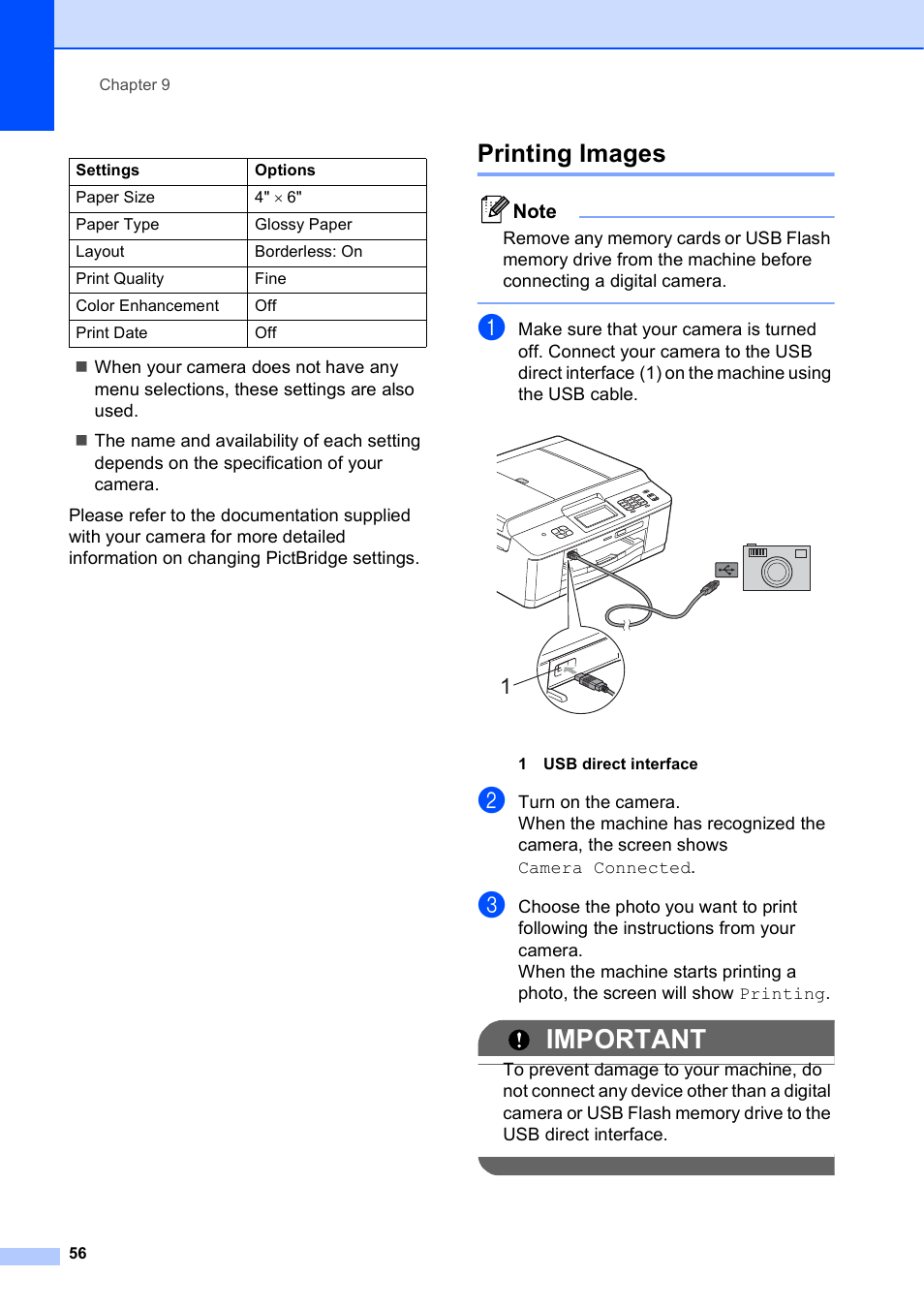 Printing images, Important | Brother MFC-J625DW User Manual | Page 62 / 79