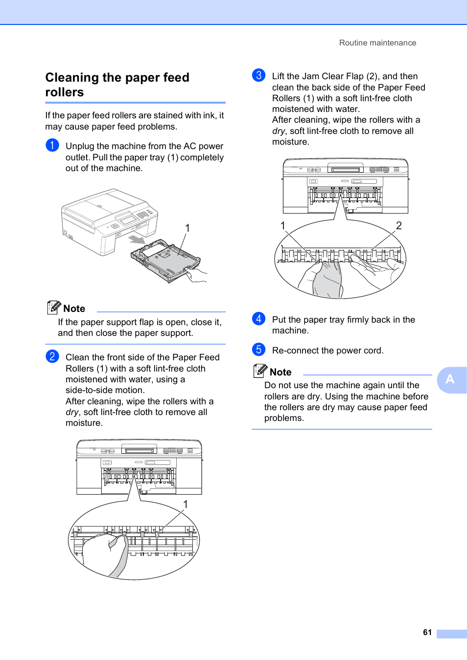 Cleaning the paper feed rollers, Acleaning the paper feed rollers | Brother MFC-J625DW User Manual | Page 67 / 79