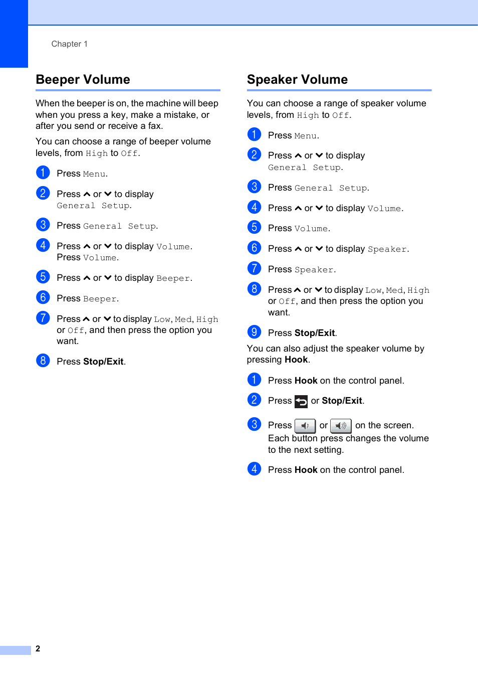 Beeper volume, Speaker volume, Beeper volume speaker volume | Brother MFC-J625DW User Manual | Page 8 / 79