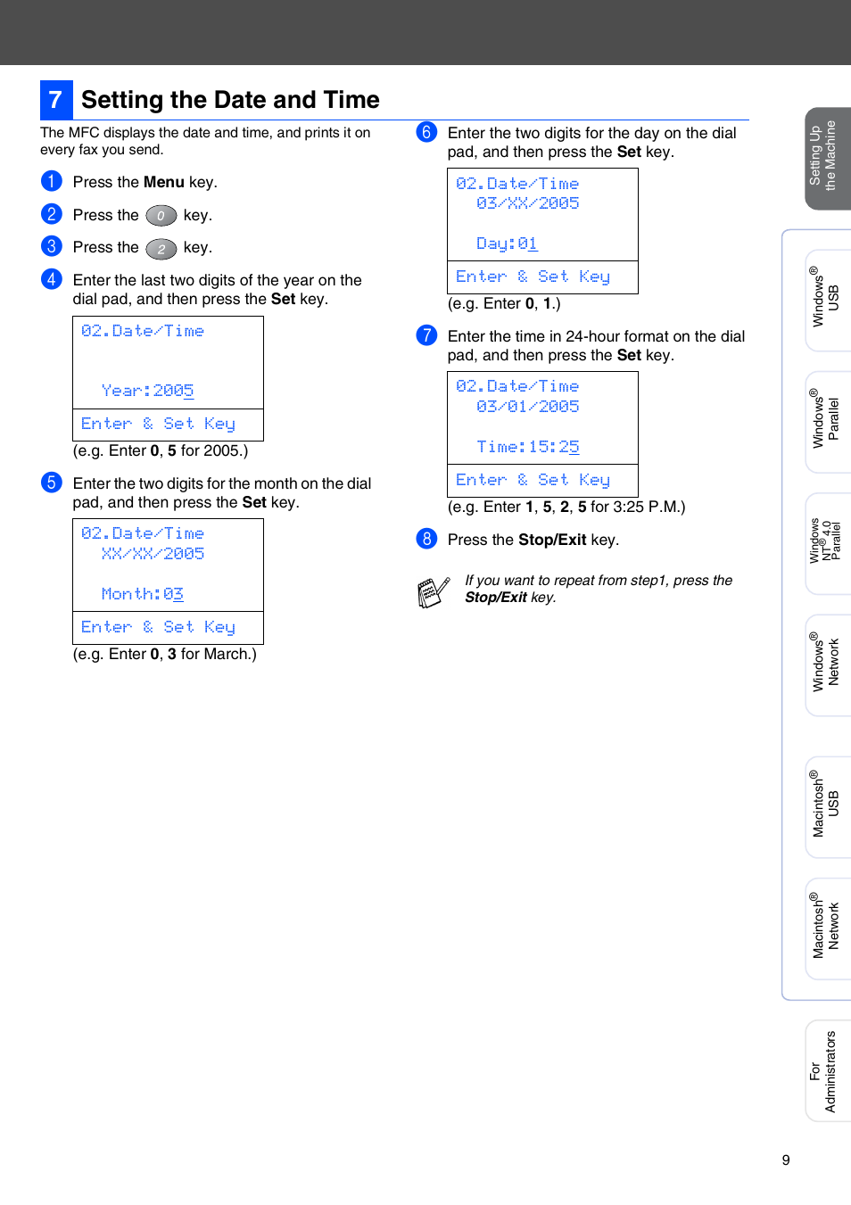 7 setting the date and time, Setting the date and time, 7setting the date and time | Brother MFC-8440 User Manual | Page 10 / 52