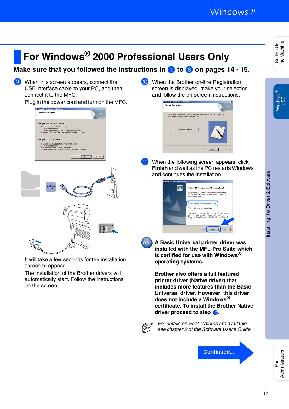 For windows® 2000 professional users only, For windows, 2000 professional users only | Windows, 2000 professional users, Make sure that you followed the instructions in, On pages 14 - 15 | Brother MFC-8440 User Manual | Page 18 / 52
