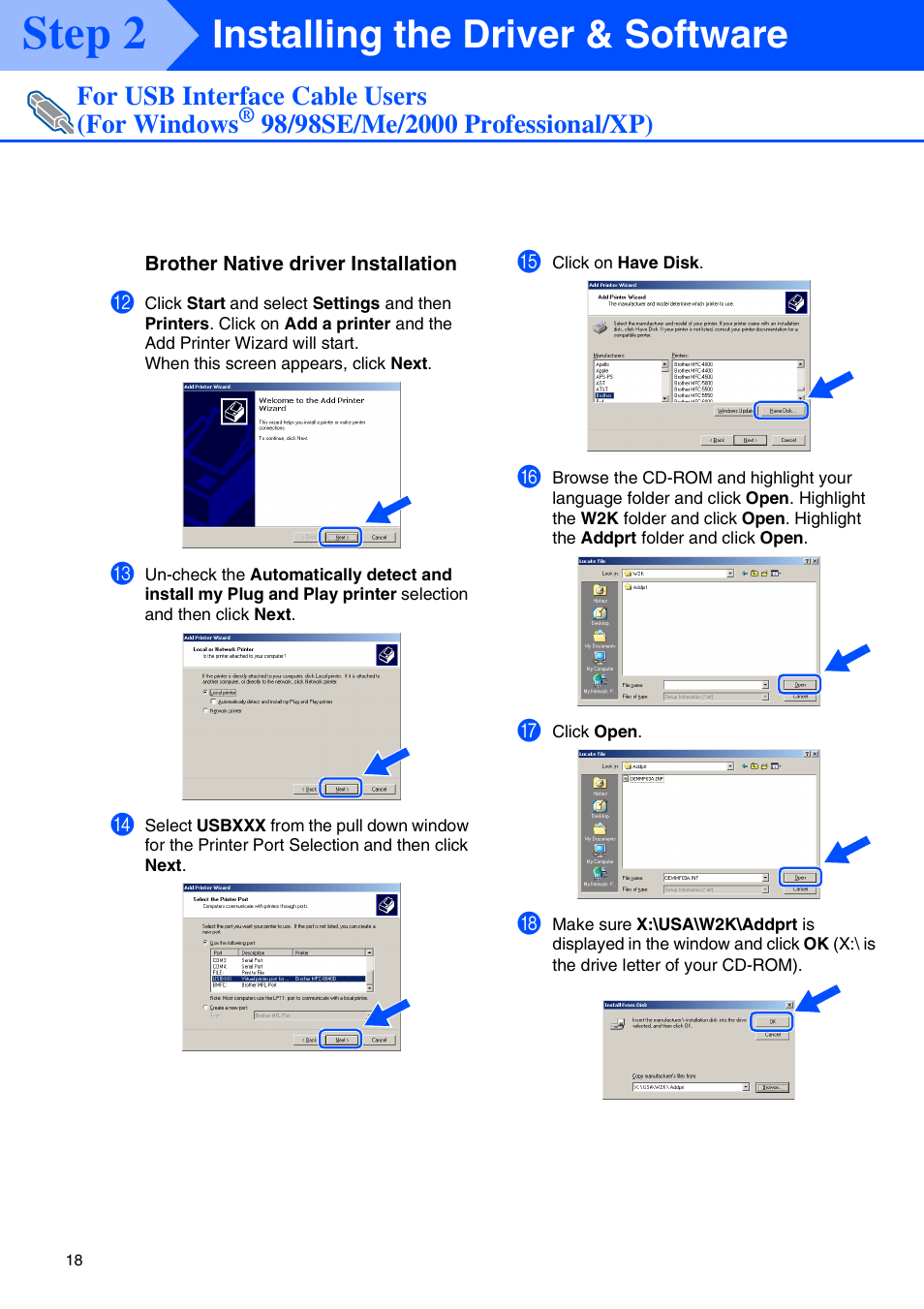 Step 2, Installing the driver & software, For usb interface cable users (for windows | Brother MFC-8440 User Manual | Page 19 / 52