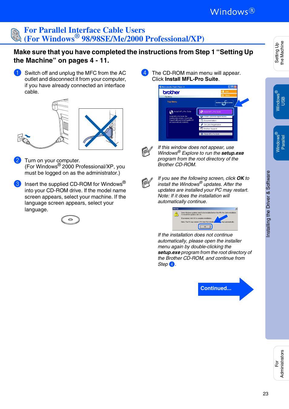 For parallel interface cable users (for windows, 98/98se/me/2000 professional/xp), For windows | Brother MFC-8440 User Manual | Page 24 / 52