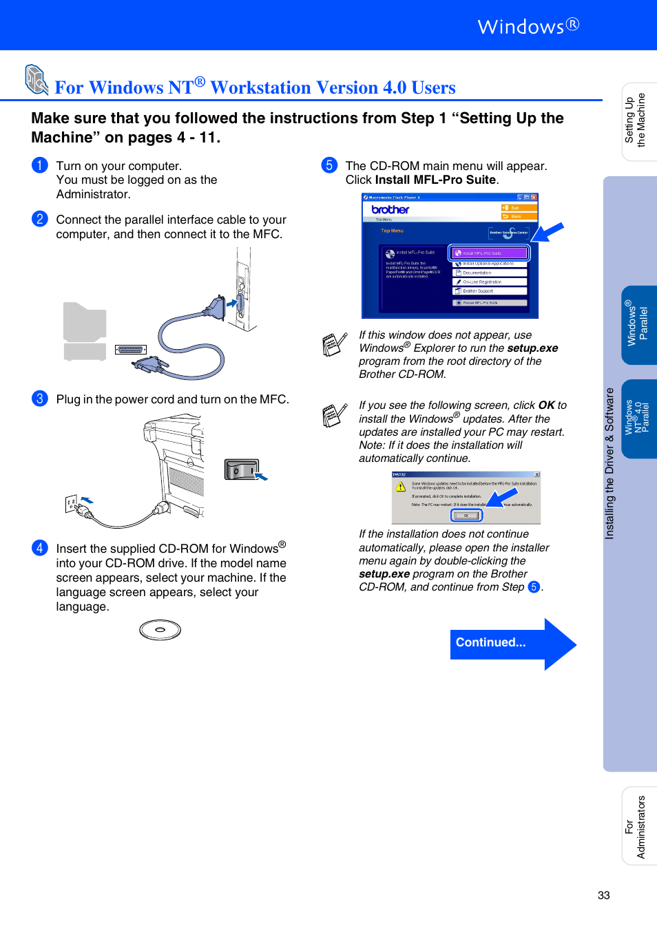 For windows nt® workstation version 4.0 users, For windows nt, Workstation version 4.0 users | Windows nt, For parallel interface cable users) | Brother MFC-8440 User Manual | Page 34 / 52