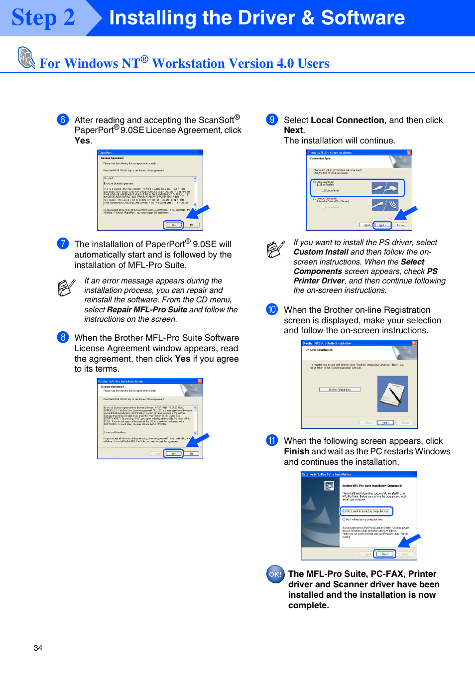 Step 2, Installing the driver & software, For windows nt | Workstation version 4.0 users | Brother MFC-8440 User Manual | Page 35 / 52