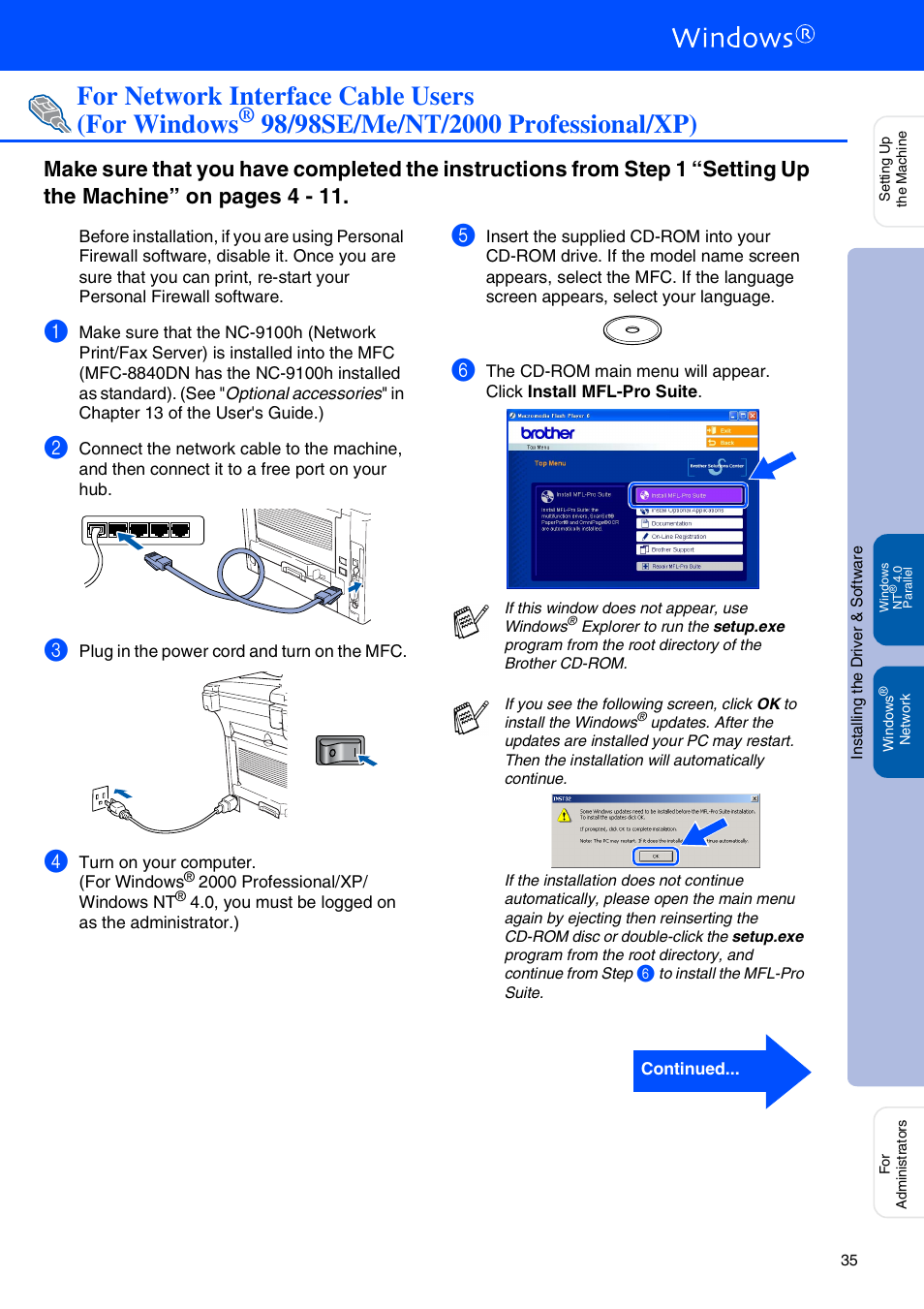 For network interface cable users (for windows, 98/98se/me/nt/2000 professional/xp), For windows | Brother MFC-8440 User Manual | Page 36 / 52