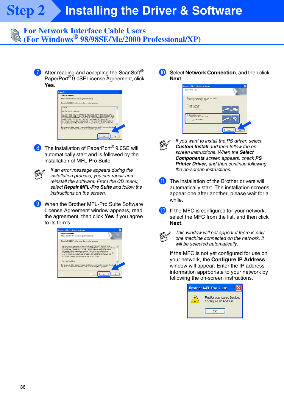 Step 2, Installing the driver & software, For network interface cable users (for windows | Brother MFC-8440 User Manual | Page 37 / 52