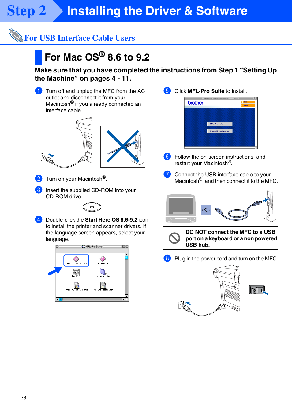 For usb interface cable users, For mac os® 8.6 to 9.2, For mac os | 6 to 9.2, Step 2, Installing the driver & software | Brother MFC-8440 User Manual | Page 39 / 52