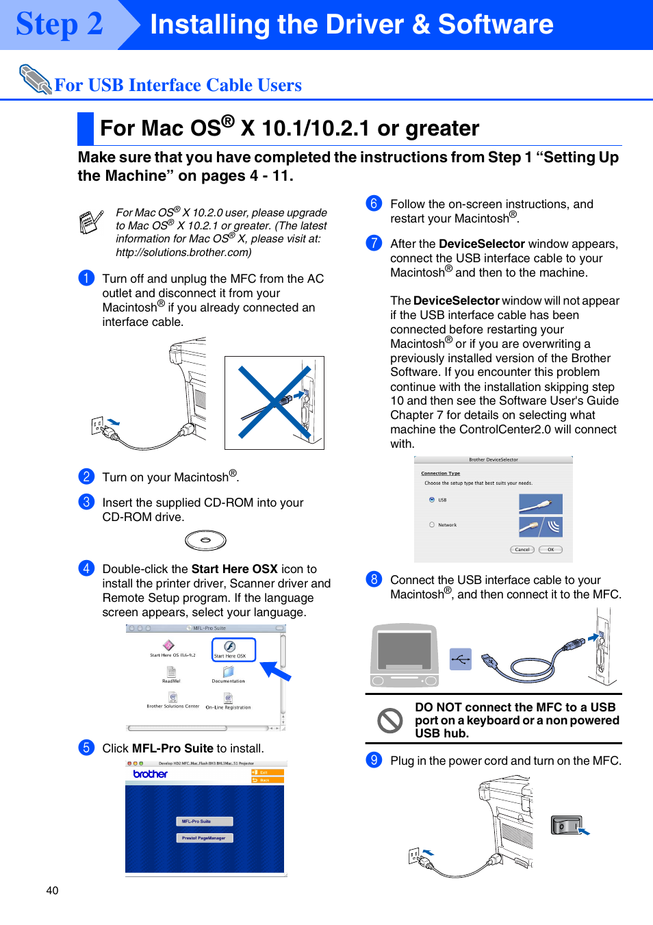For mac os® x 10.1/10.2.1 or greater, For mac os, X 10.1/10.2.1 or greater | Step 2, Installing the driver & software, For usb interface cable users | Brother MFC-8440 User Manual | Page 41 / 52