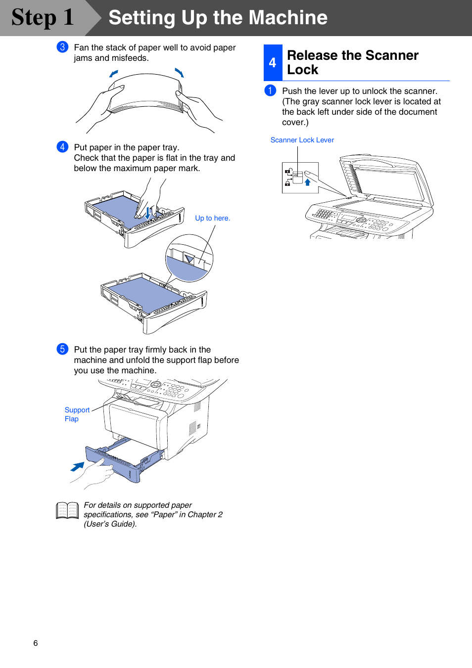 4 release the scanner lock, Release the scanner lock, Step 1 | Setting up the machine, 4release the scanner lock | Brother MFC-8440 User Manual | Page 7 / 52