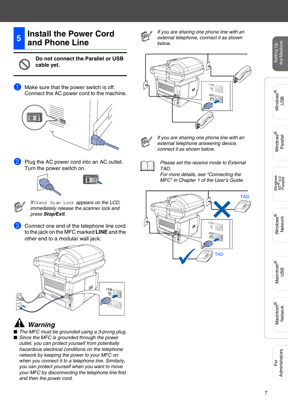 5 install the power cord and phone line, Install the power cord and phone line, 5install the power cord and phone line | Warning | Brother MFC-8440 User Manual | Page 8 / 52