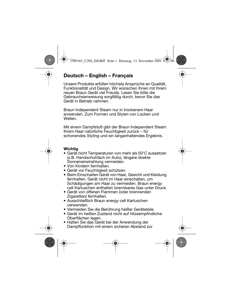 Deutsch, Deutsch – english – français | Braun C20S Independent Steam User Manual | Page 3 / 98