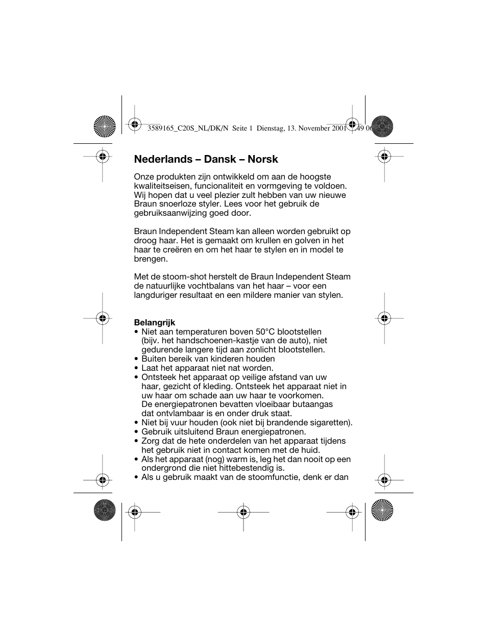 Nederlands, Nederlands – dansk – norsk | Braun C20S Independent Steam User Manual | Page 39 / 98