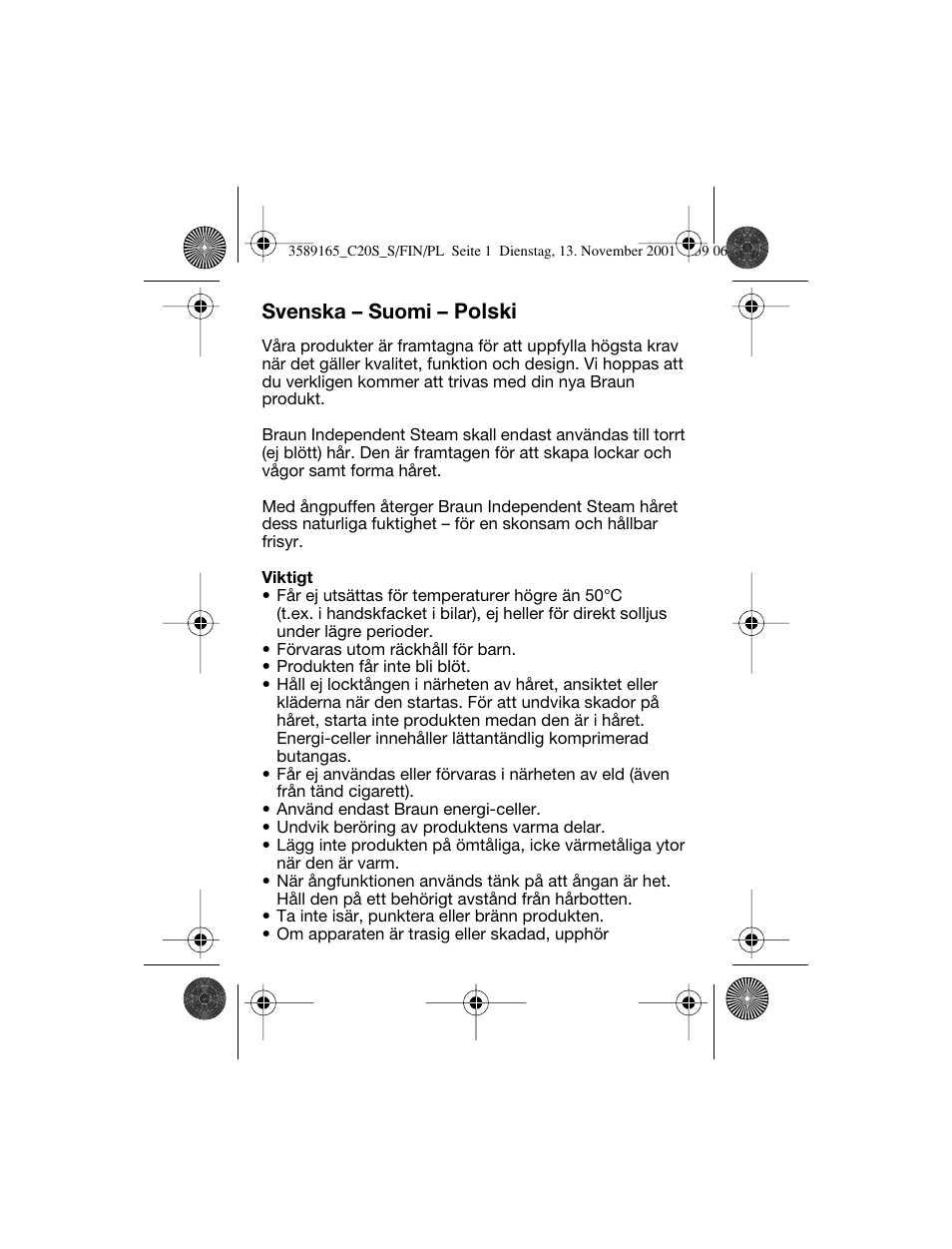 Svenska, Svenska – suomi – polski | Braun C20S Independent Steam User Manual | Page 57 / 98