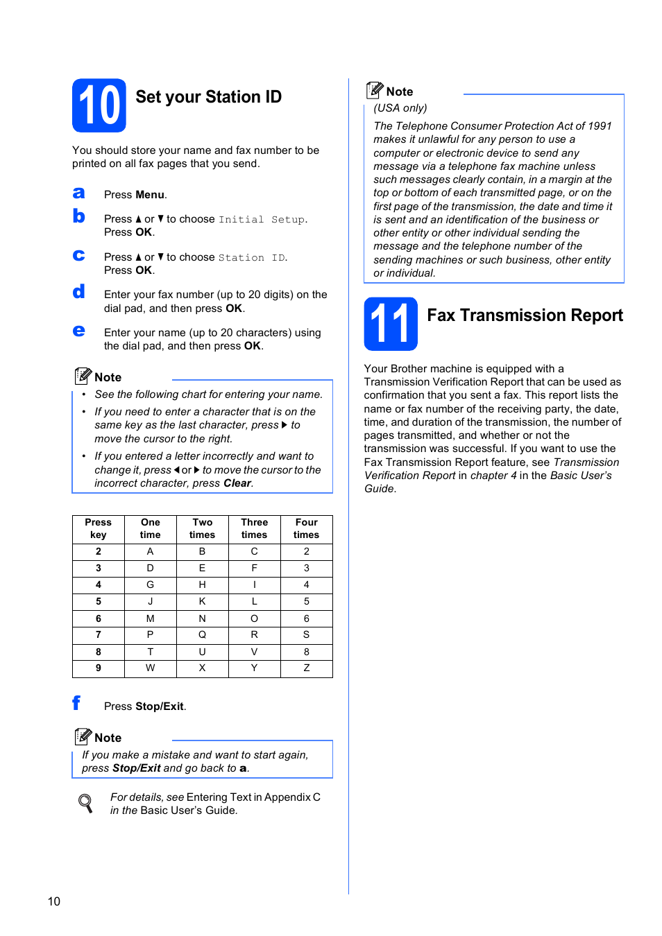 10 set your station id, 11 fax transmission report, Set your station id | Fax transmission report | Brother MFC-J410W User Manual | Page 10 / 34